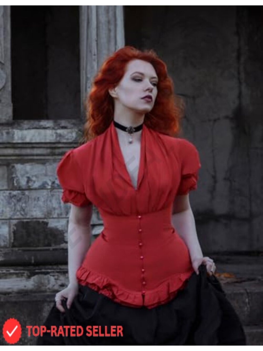Victorian Short Sleeve Blouse Button Down Work Top Ruffled - Picture 5 of 6